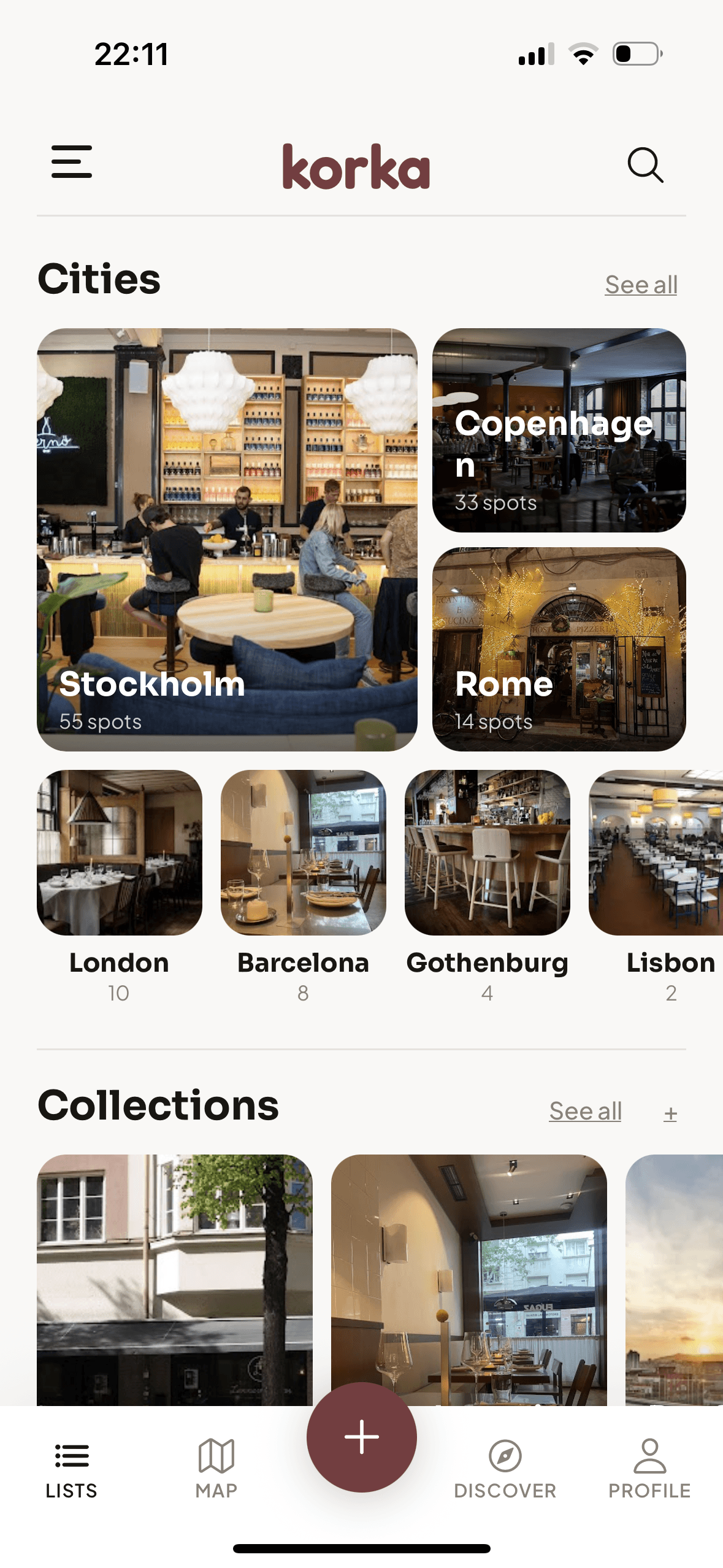 Korka app showing saved restaurants on a map